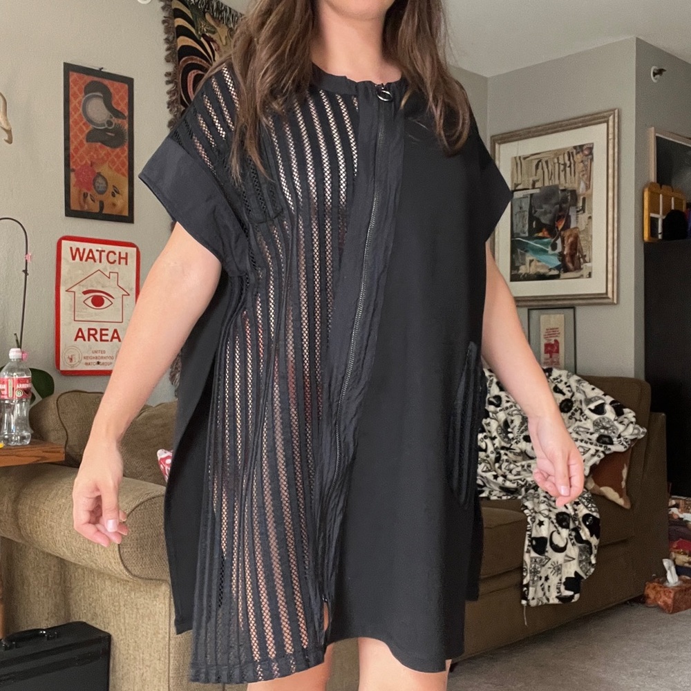 Nijii Paris Black Boxy Zipper Tunic/Dress Half Mesh Lace
